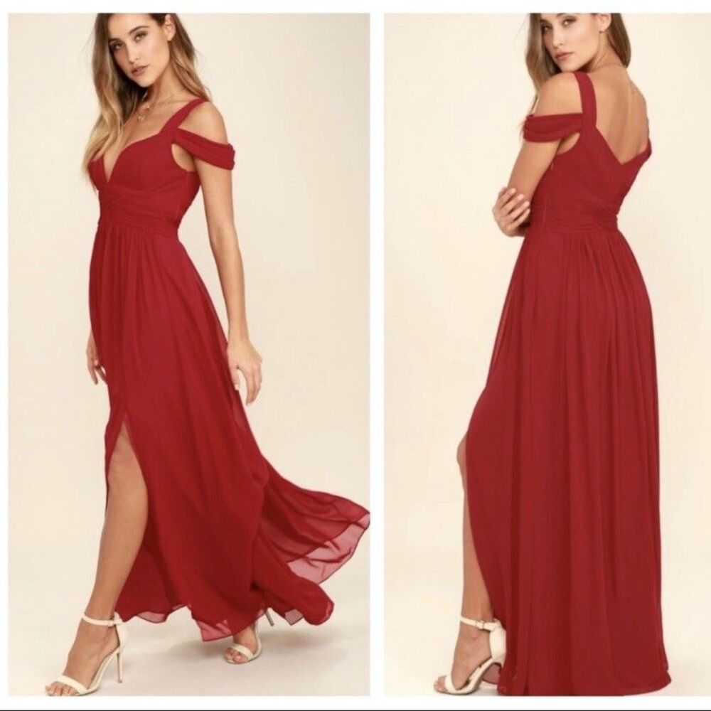 Lulu’s Bariano Ocean of Elegance Maxi Dress Red Wine Chiffon Slit  S NWT Formal
